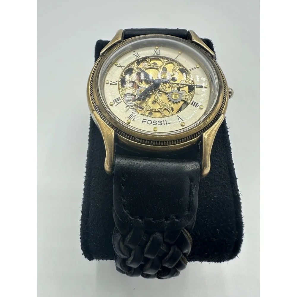Vintage Fossil SK-5120 Mens Skeleton Style Quartz Watch Gold Tone Leather